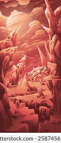 A vivid red-toned alien landscape under a dramatic sky with a large planet or moon visible. Sharp, jagged rock formations dominate the scene, and in the center, there is a crashed, futuristic spacecr