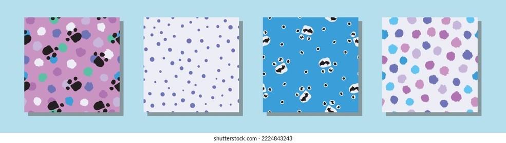 Repetidas y vívidas configuraciones sin costuras con pata, polka, puntos. Ilustración vectorial. Colección de patrones infantiles para papel impreso, raspado, papel pintado, textil, moda, empaque, papel envolvente. 