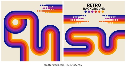 A vivid retro-inspired background featuring multi-layered rainbow stripes forming abstract curves across two beige panels. Dynamic, playful design suitable for creative visuals, posters, and digital media.

