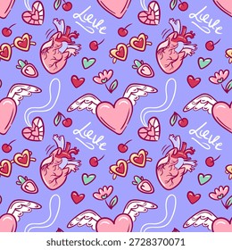 Patrón romántico vivo, corazones alegres con acentos dulces, diseño juguetón con flechas y motivos de caramelo, patrón floral brillante con corazones anatómicos y símbolos amorosos