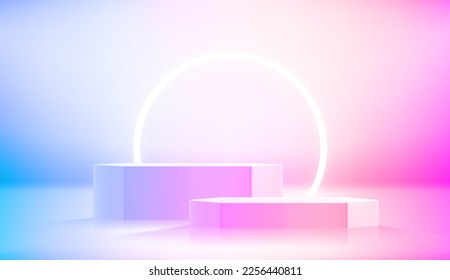 Vivid room with podium and circle neon lamp. Realistic showcase for advertisement. 3d style vector illustration 