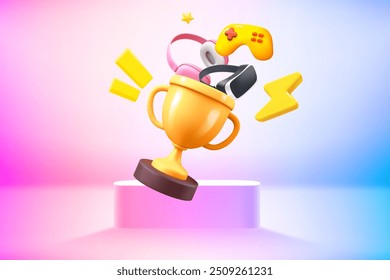 Vivid room with shiny golden cup and game entertainment accessories. 3d style vector illustration 