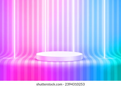 Vivid room with showcase and neon lamps and stripes. 3d style vector illustration 