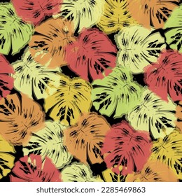 Vivid Seamless Abstract Tree Decor Vector.   Psychedelic colors monstera pattern background for summer.