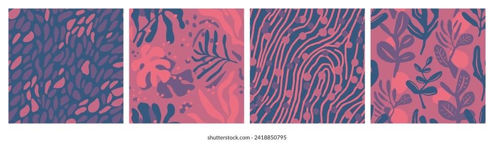 Vivid Seamless Classic Palm Element Set. Vibrant Endless Elegant Fresh Template, Seamless Backdrop. Purple Repetitive Decoration Blossom Illustration Pattern. 