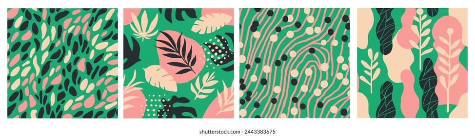 Vivid Seamless Creative Palm Surface Set. Purple Seamless Contemporary Modern Paint, Seamless Texture. Hippie Continuous Summer Garden Illustration Pattern. 