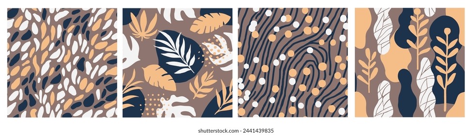 Vivid Seamless Creative Trendy Leaves Texture. Pastel Seamless Contemporary Tree Shape, Seamless Art. Dark Repeated Doodle Fresh Textile Pattern. 