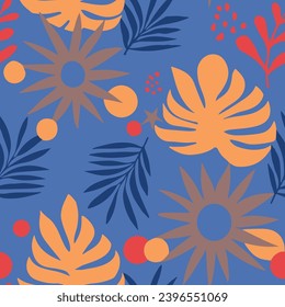 Vivid Seamless Decoration Simple Template Texture. Yellow Seamless Summer Isolated Illustration, Seamless Backdrop. Blue Endless Elegant Palm Scribble Background. 
