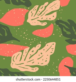 Vivid Seamless Doodle Tropic Leaves Design. Dark Seamless Decoration Branch Textile, Seamless Background. Bright Repeated Abstract Beauty Decor Vector. 