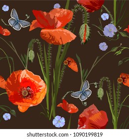 Vivid seamless floral pattern with garden red poppies, wildflowers and butterflies. Botanical motifs are scattered randomly on a brown background. Vector for fashion prints, textiles, wallpapers, tile