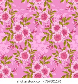 Vivid seamless floral pattern with sakura for design of fabric, textiles, wallpaper, texture. Beautiful vector background with flowers