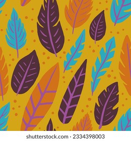 Vector De Forma De Plumas Aisladas Vivid Seamless. Brillantes Tejidos De Calma Continuos Y A La Vez Luminosos, Sensación De Sensación. Papel tapiz para la invitación al plumage elegante y sin mangas negro. Feathers