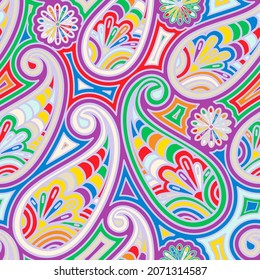 Vivid seamless paisley pattern. Red yellow blue multicolored tile ornament. Hippie Colorful wallpaper. Indian decorative print Batik for wrapping paper fabric textile, home decor. Vector illustration