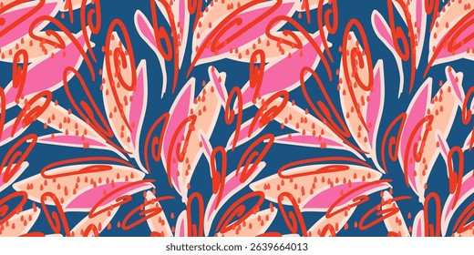 Vivid seamless pattern with abstract swirling shapes. Vector hand drawn. Unique organic shapes, flowing lines, and dynamic composition print. Contemporary design for fabric, wrapping paper