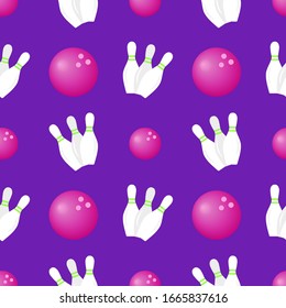Vivid seamless pattern with bowling pins and balls on the purple background. Seamless vector ornament for wrapping paper, banners, cards, posters, covers, packets