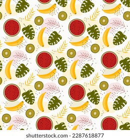 un claro patrón sin fisuras con doodle de frutas tropicales y hojas 