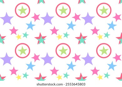 Vivid seamless pattern featuring multicolored stars, circles, and bright accents on a white background. Perfect for design.