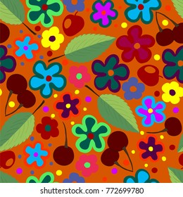 Vivid seamless pattern with fruits, berries and flowers, vector