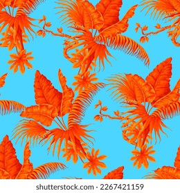 Patrón inmaculado con plantas de selva y hojas al estilo victoriano. Vector