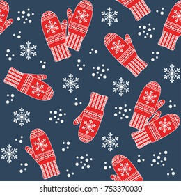 Vivid seamless pattern with knitted mittens. Vector illustration.