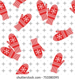 Vivid seamless pattern with knitted mittens. Vector illustration.