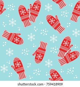 Vivid seamless pattern with knitted mittens. Vector illustration.