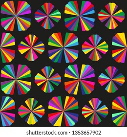 Vivid seamless pattern of multi-colored flowers with rays on black background. Vector image. Eps 8