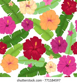 Vivid Seamless Pattern of Pink and Red Hibiscus and Banana Leaves in Watercolor Style