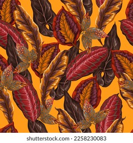 Vivid seamless pattern with tropical leaves in warm color. Vector