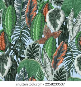 Vivid seamless pattern with tropical leaves. Vector