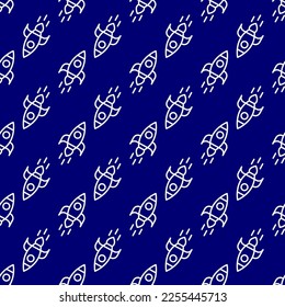 Vivid seamless repeating pattern of spaceship on dark blue background for wallpapers, textile, fabric and other surfaces