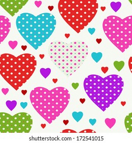 Vivid seamless valentine pattern with colorful hearts and diagonal strips (vector eps 10)