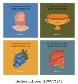 Vivid set of holiday square poster for Celebration of the Greek Revolution with man head monument, gladiator helmet, grape, bowl. Hand drawn Greece clipart for social media post, website banner.