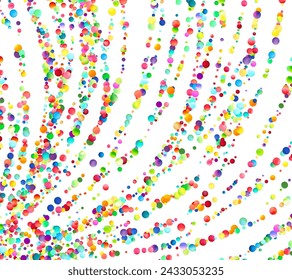 Una lluvia vívida de burbujas de colores del arco iris en cascada diagonalmente, creando un patrón vivo y efervescente sobre un fondo blanco.