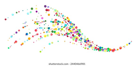 A vivid shower of rainbow-colored bubbles cascading diagonally, creating a lively and effervescent pattern on a white background.