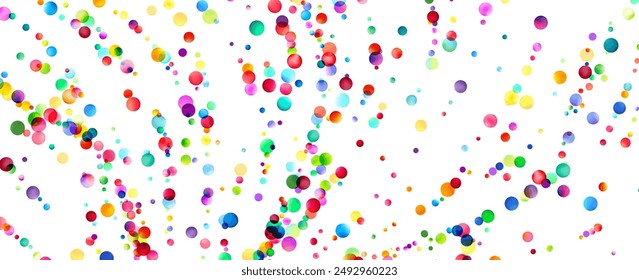 A vivid shower of rainbow-colored bubbles cascading diagonally, creating a lively and effervescent pattern on a white background.