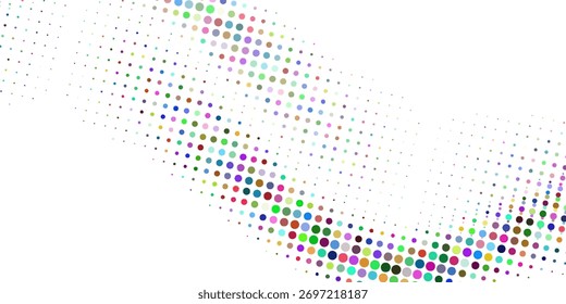 Uma chuva vívida de bolhas coloridas em arco-íris em cascata diagonalmente, criando um padrão vivo e efervescente em um fundo branco.