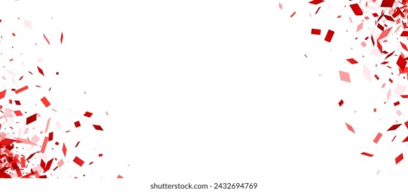 A vivid shower of red confetti pieces, transitioning from dense to sparse, against a pristine white backdrop, evoking a celebratory atmosphere