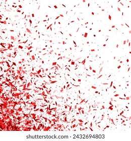 A vivid shower of red confetti pieces, transitioning from dense to sparse, against a pristine white backdrop, evoking a celebratory atmosphere