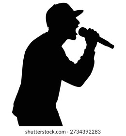 Vivid silhouette showcasing a performer singing with intensity into a microphone, adorned with a cap, capturing a moment of expressive musical performance.