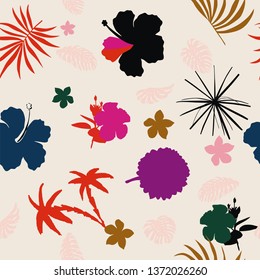 Vivid silhouette tropical flowers and leaves on the pink background