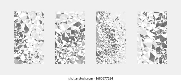 Vivid silberfarbenes Deckenlayout. Satz von 4 Designs. Low-Poly-Kristall-Textur-Muster. Geometrische abstrakte dreieckige Hintergründe. Vorlage für die Gestaltung von Karten, Poster, Wrapper, Cover. Vektorillustration