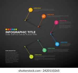 Una plantilla de infografía oscura brillante y elegante con elementos coloridos con texto de marcador de posición. Este diseño es adecuado para presentar datos e información con claridad.

