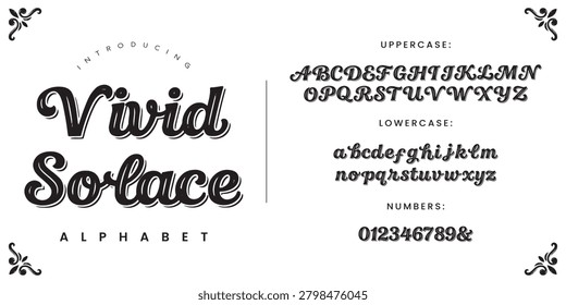Vivid Solace font alphabet set with elegant uppercase lowercase and numeric characters for design