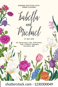 Vivid spring card with garden and forest flowers. Wedding invitation. Colorful.