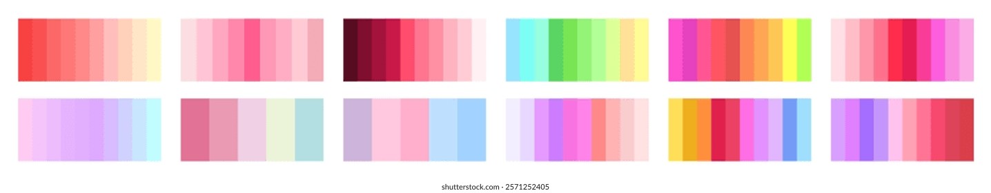 Vivid spring gradient palette collection. Bright pink, coral, yellow, green, and pastel tones gradient swatches. Vector colorful gradient background set for creative design.