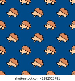 Vivid square tile displaying a captivating animal rendering. Seamless pattern with hedgehog on usafa blue background. Design for a set of stickers with animal drawings.