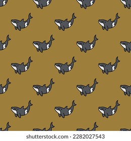 Vivid square tile displaying a captivating animal rendering. Seamless pattern with orca on smokey topaz background. Design for cups with illustrations of mammals.