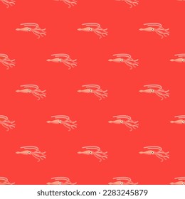 Vivid square tile displaying a captivating animal rendering. Seamless pattern with squid on carmine pink background. Design for invitations with illustrations of pet animals.