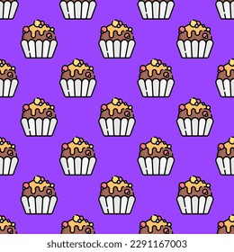 Vivid square tile displaying a captivating food rendering. Seamless pattern with muffin on sandstorm background. Design for a St. Patrick's Day parade float.